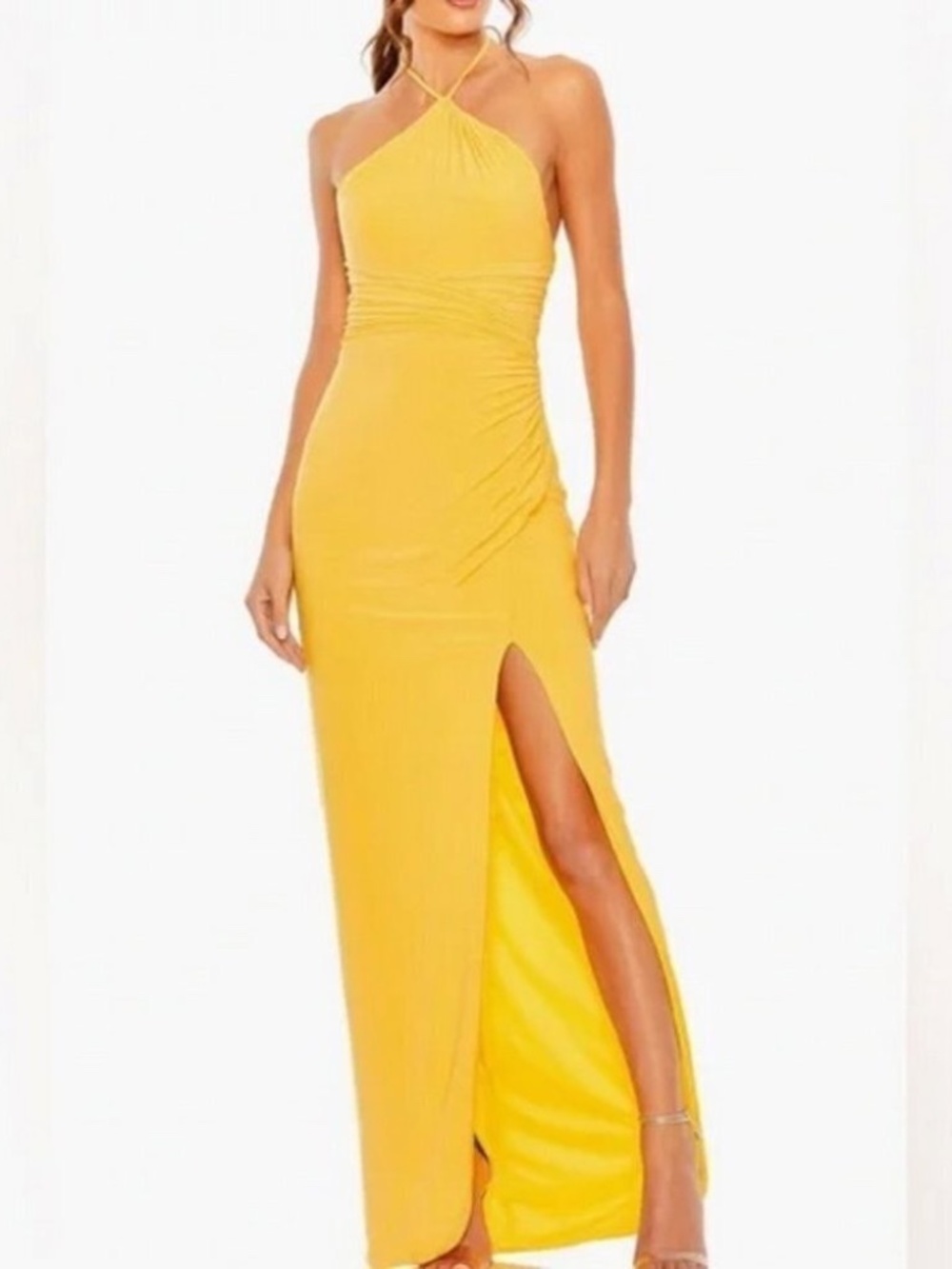 NWT Ieena Mac Duggal Marigold Yellow Halter Neck Ruched Side Slit Gown